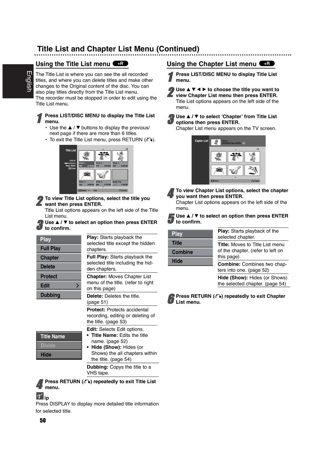 Philips DVDR630VR owner manual Using the Chapter List menu +R, Full Play Starts playback Selected title including the hid 