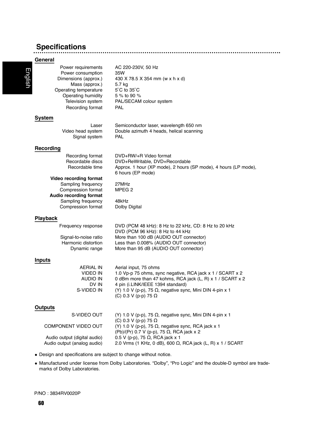 Philips DVDR630VR owner manual Specifications 