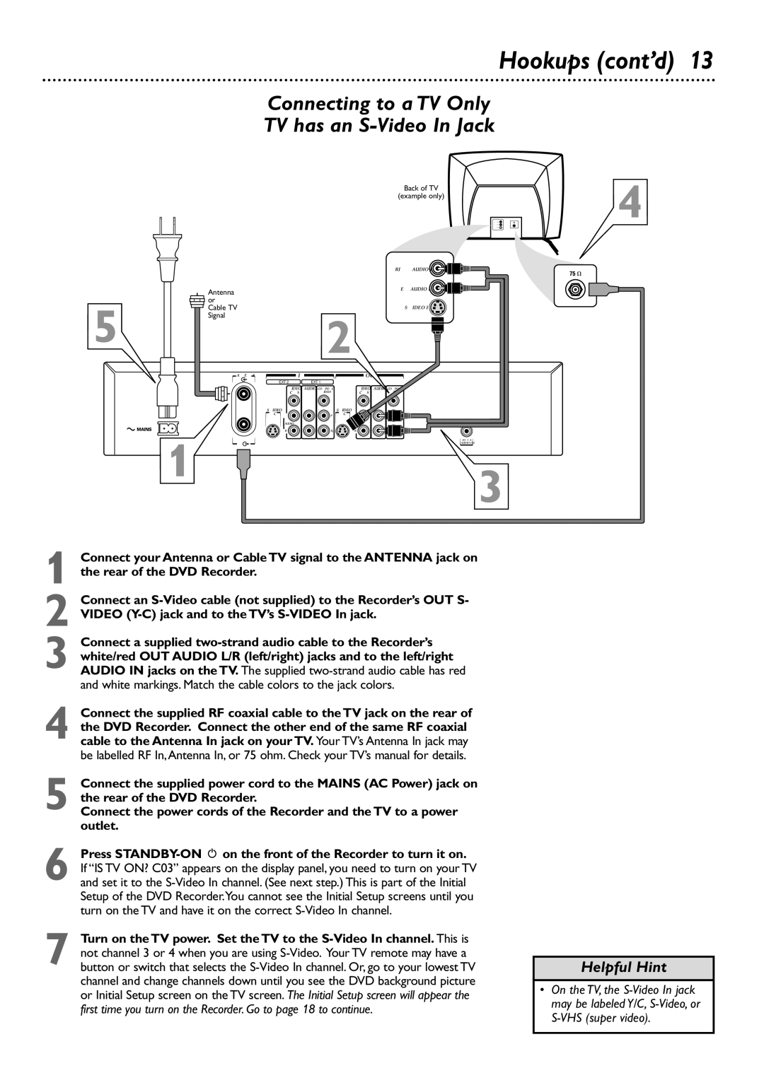 Philips DVDR72 owner manual Connecting to a TV Only TV has an S-Video In Jack 