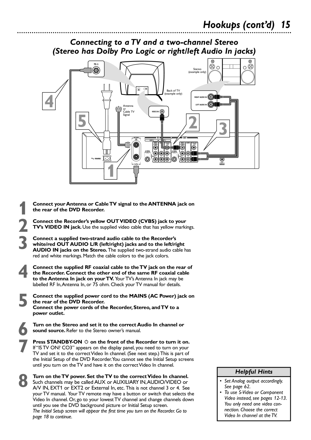 Philips DVDR72 owner manual Set Analog output accordingly. See 