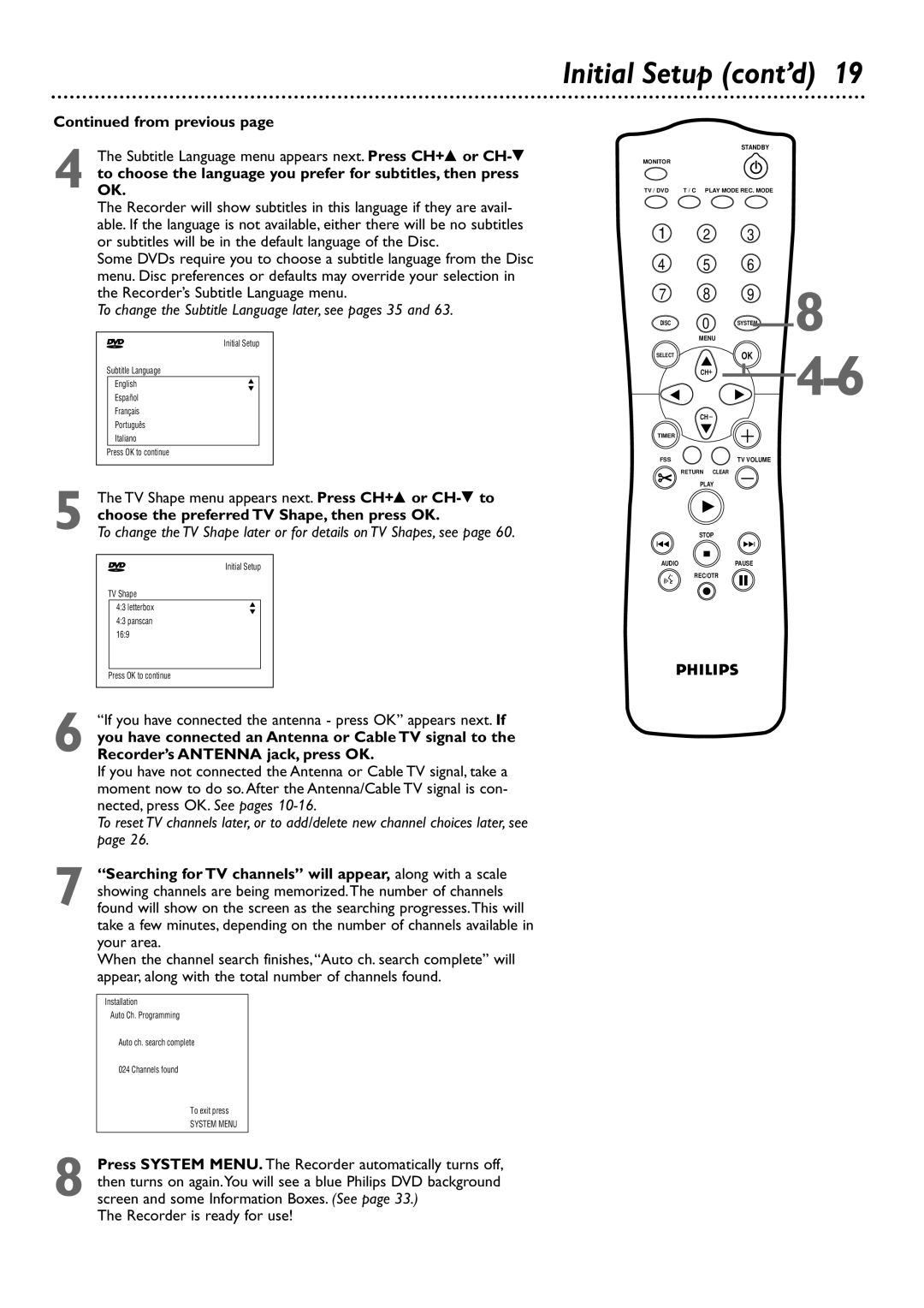 Philips DVDR72 owner manual Initial Setup cont’d, From previous, Choose the preferred TV Shape, then press OK 