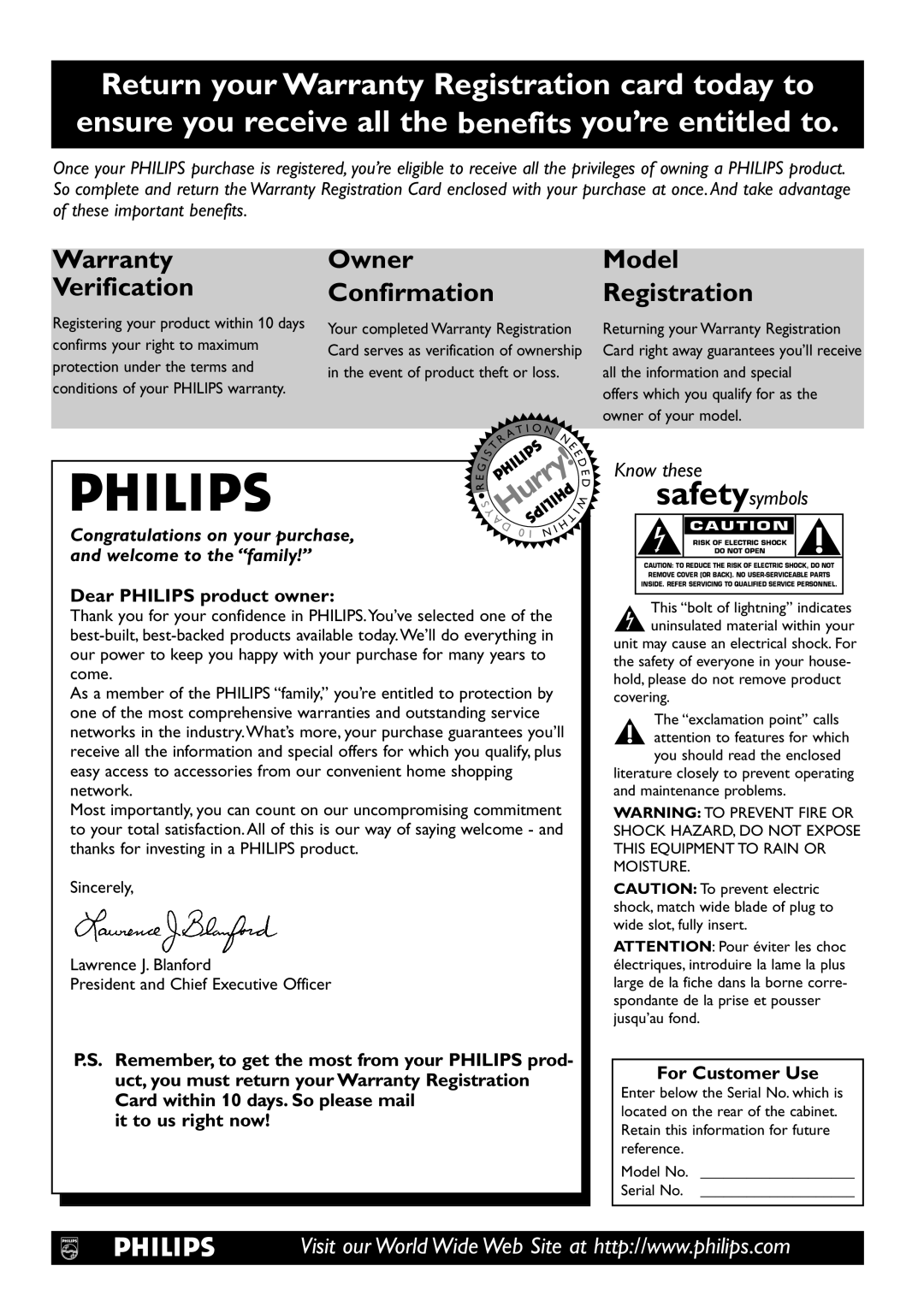 Philips DVDR72 owner manual Dear Philips product owner, Remember, to get the most from your Philips prod, For Customer Use 