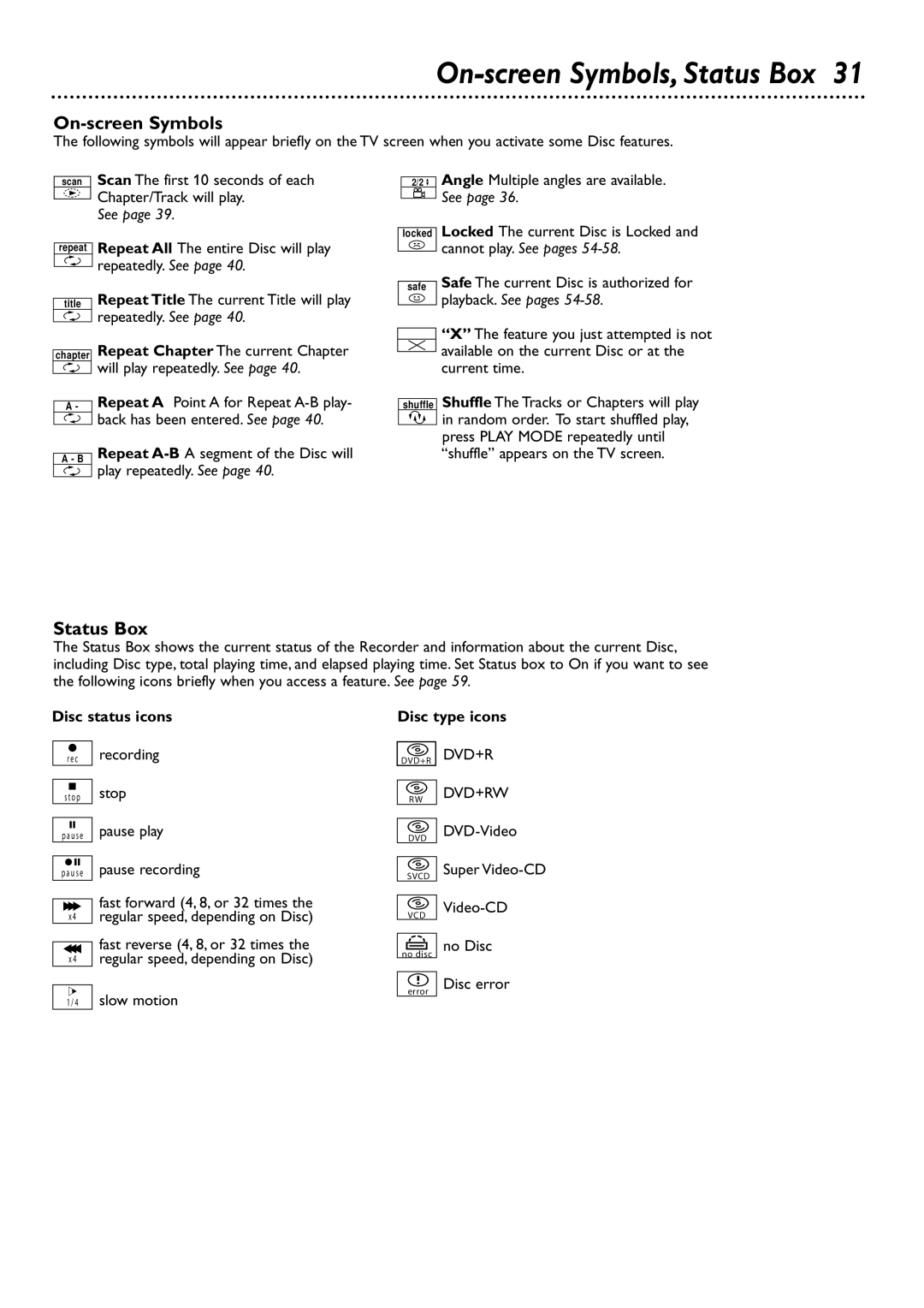 Philips DVDR72 owner manual On-screen Symbols, Status Box, Disc status icons, Disc type icons 