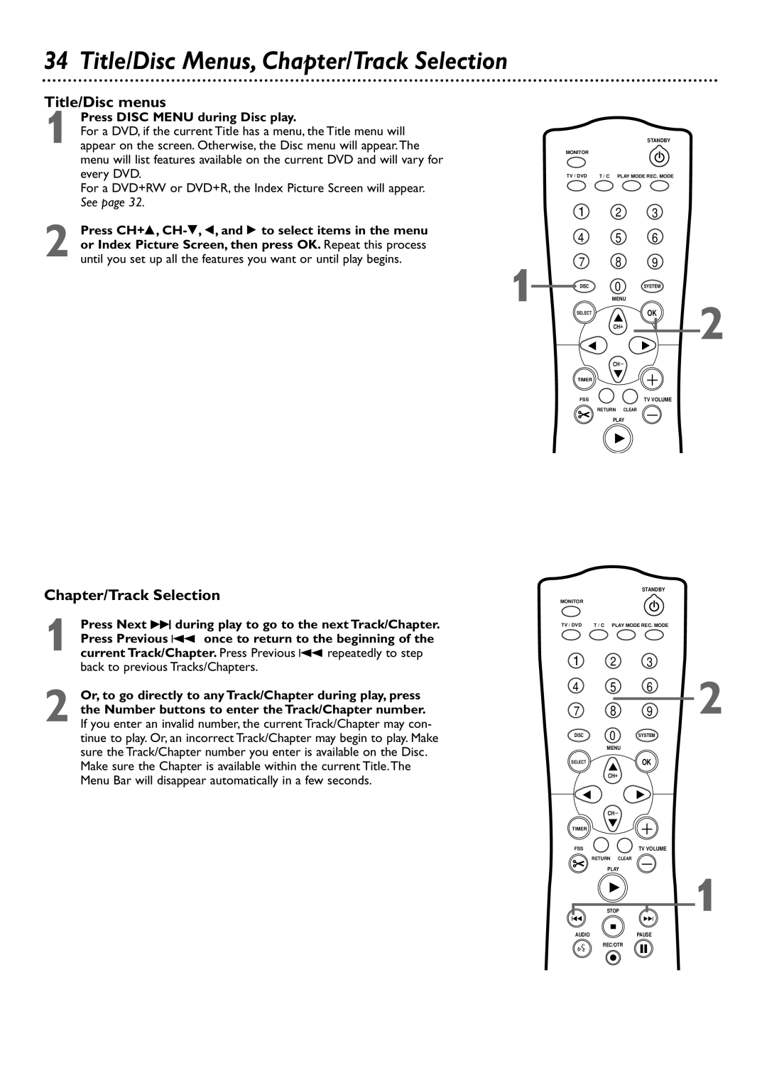 Philips DVDR72 owner manual Title/Disc Menus, Chapter/Track Selection, Title/Disc menus, Press Disc Menu during Disc play 