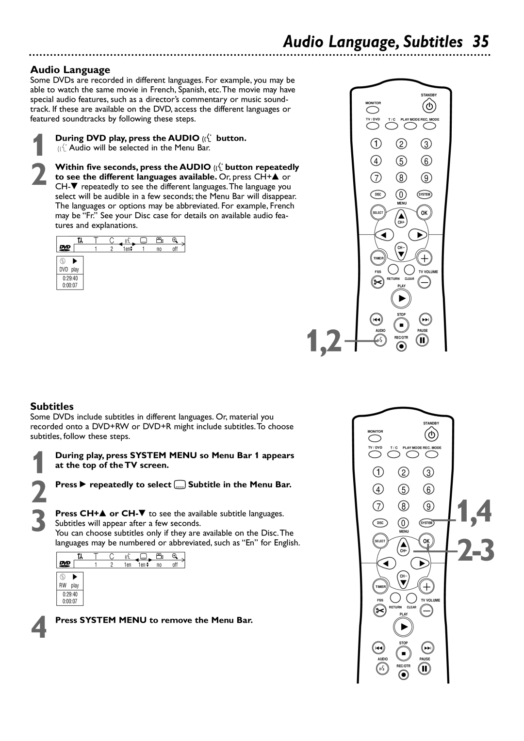 Philips DVDR72 owner manual Audio Language, Subtitles, During DVD play, press the Audio Y button 