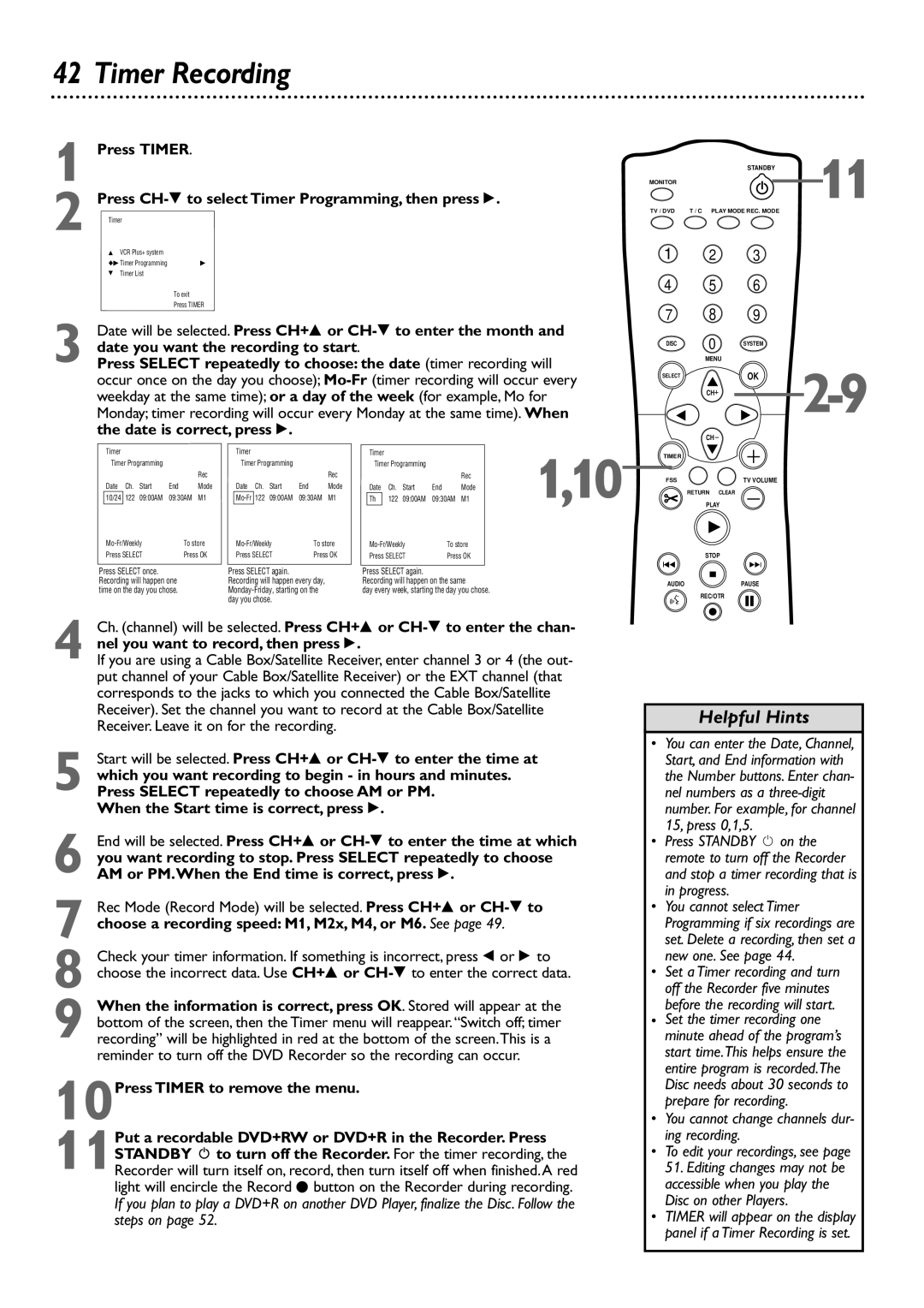 Philips DVDR72 owner manual Timer Recording, When the Start time is correct, press 