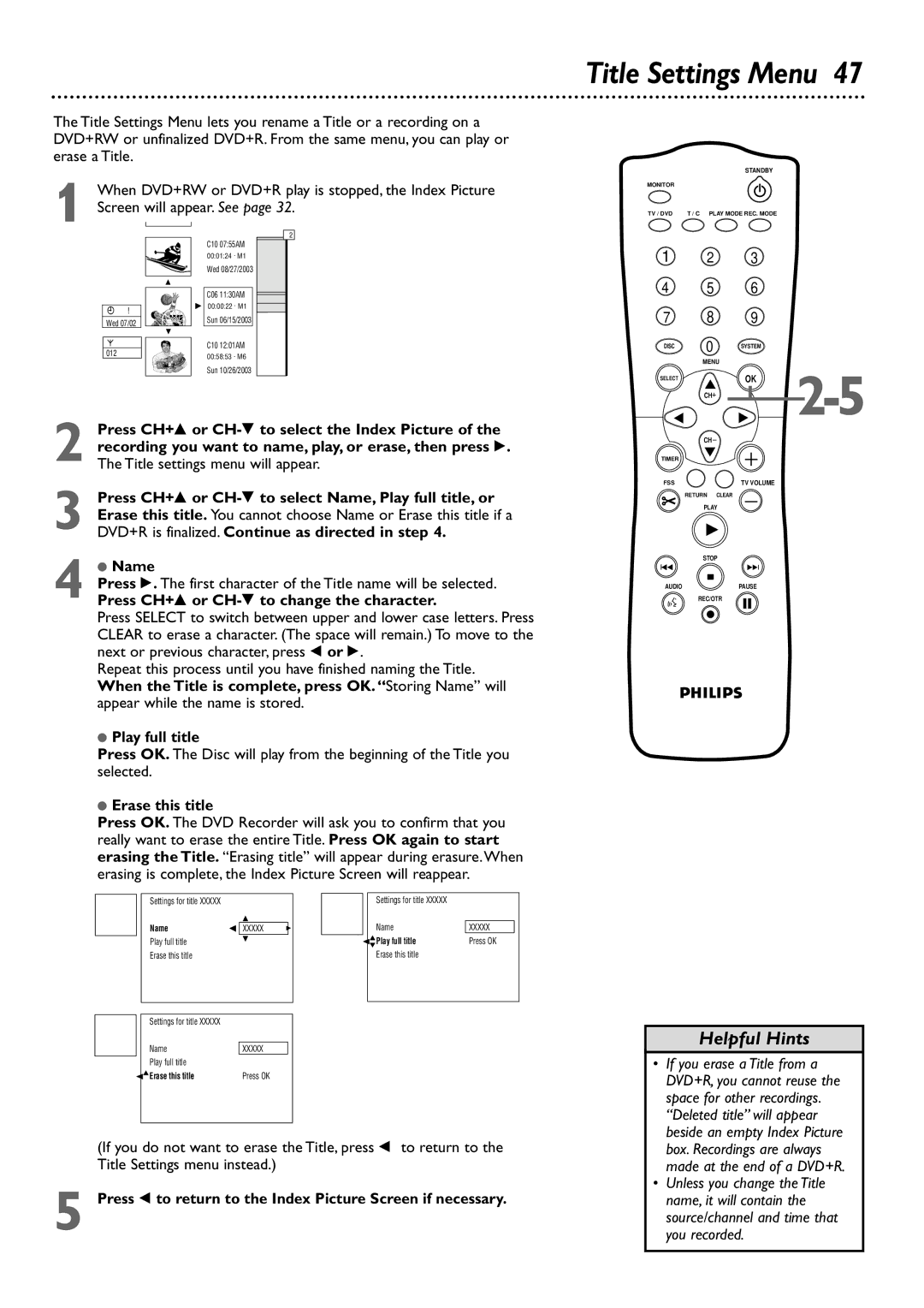 Philips DVDR72 owner manual Title Settings Menu, Press to return to the Index Picture Screen if necessary 