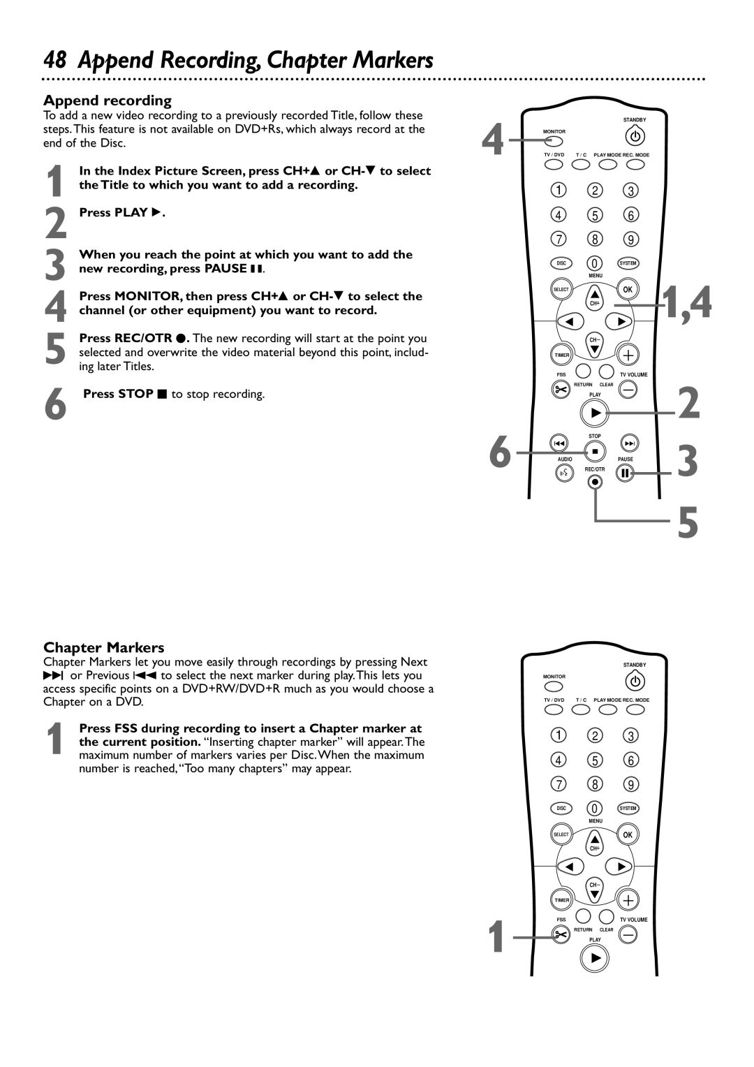 Philips DVDR72 owner manual Append recording, Chapter Markers 