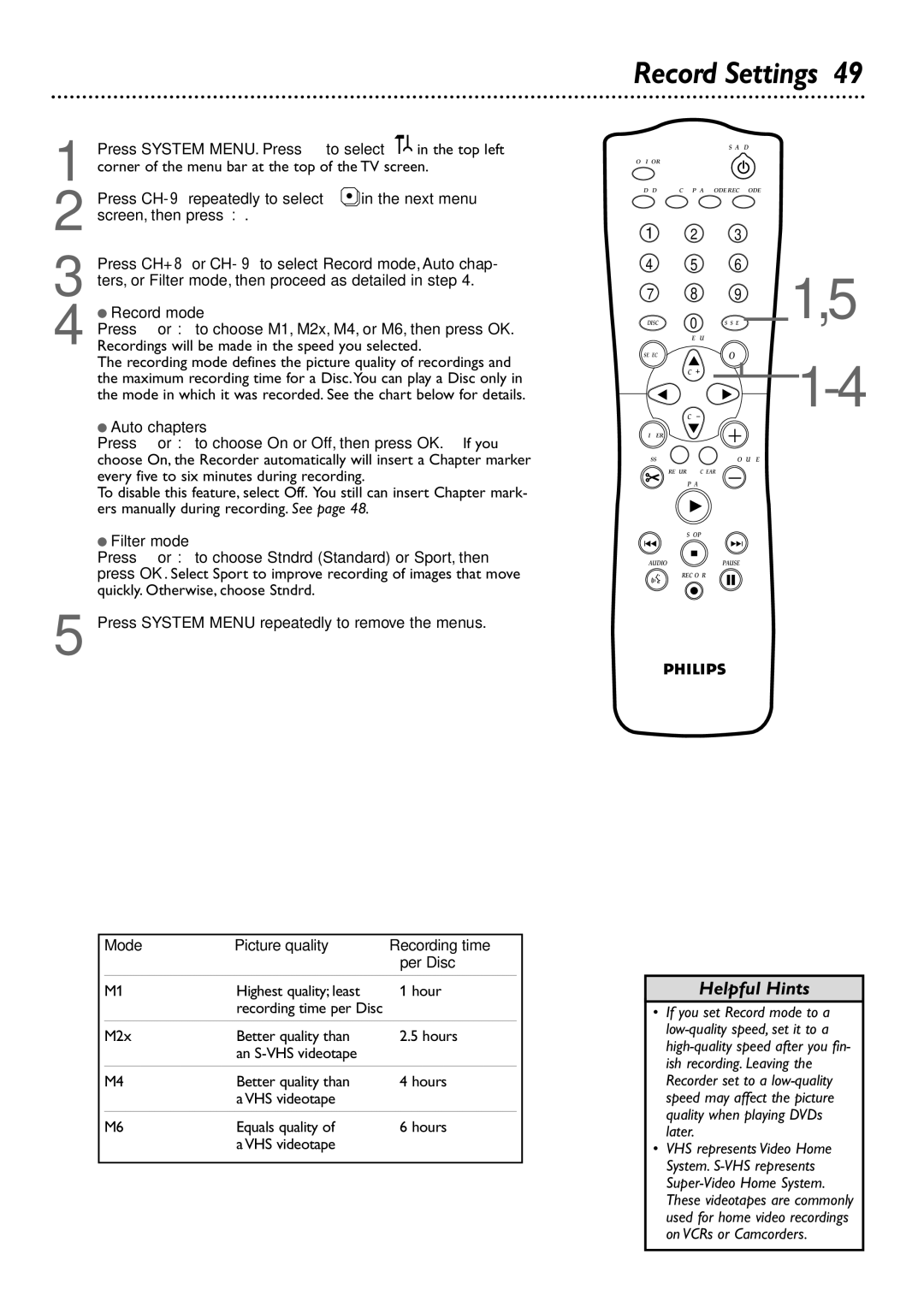 Philips DVDR72 owner manual Record Settings 