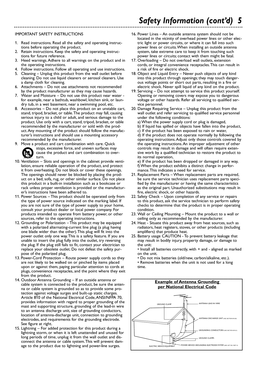 Philips DVDR72 owner manual Safety Information cont’d, Cause the product and cart combination to over- turn 