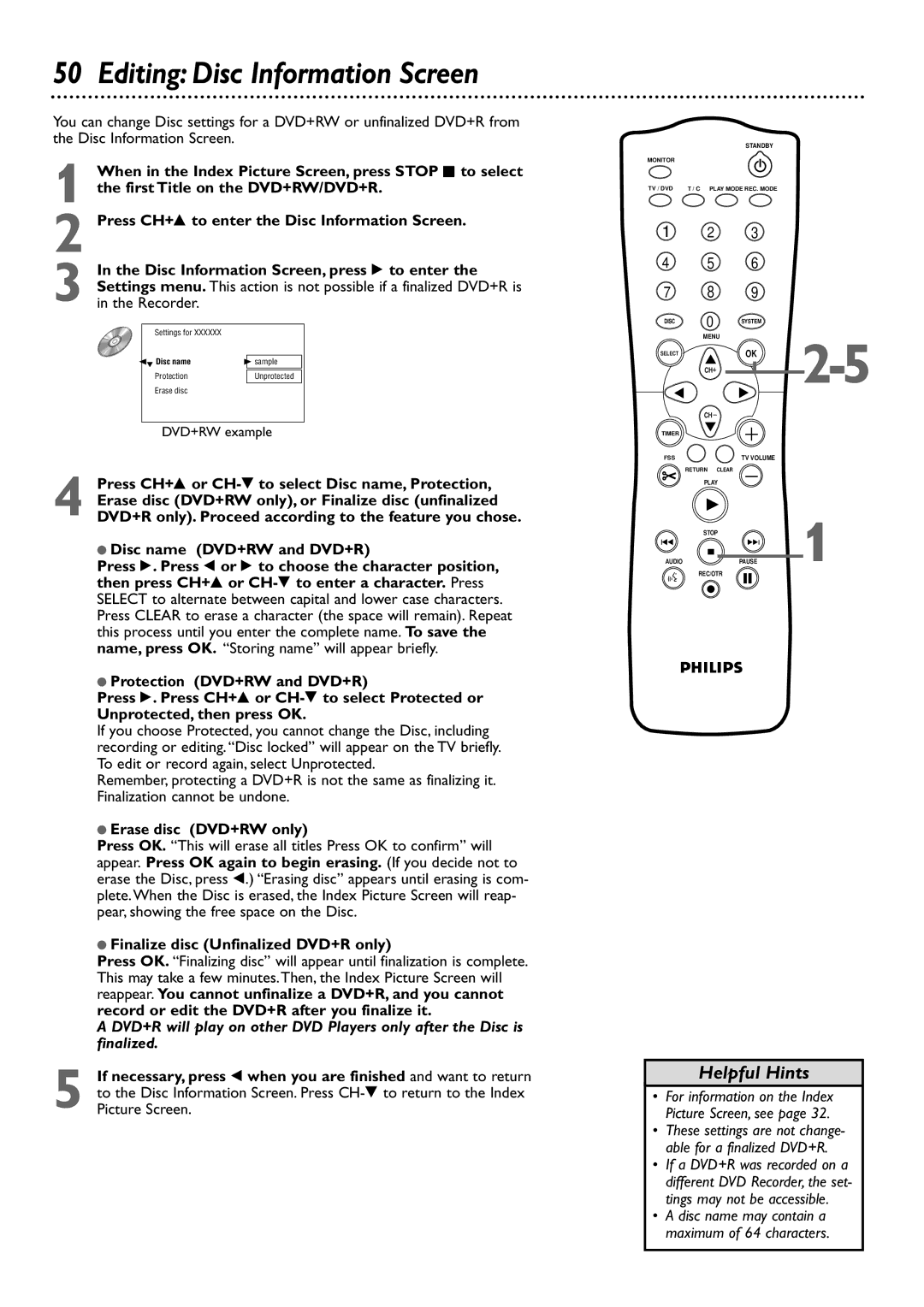 Philips DVDR72 owner manual Editing Disc Information Screen, Erase disc DVD+RW only, Finalize disc Unfinalized DVD+R only 