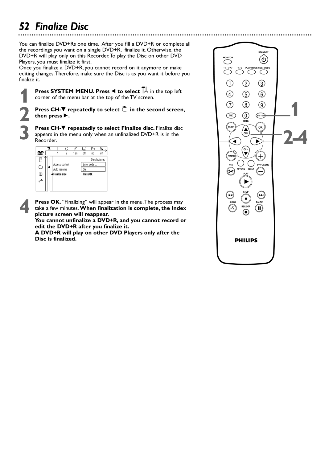 Philips DVDR72 owner manual Finalize Disc 