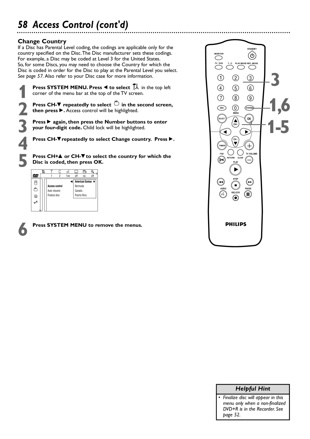 Philips DVDR72 owner manual Access Control contd, Change Country 