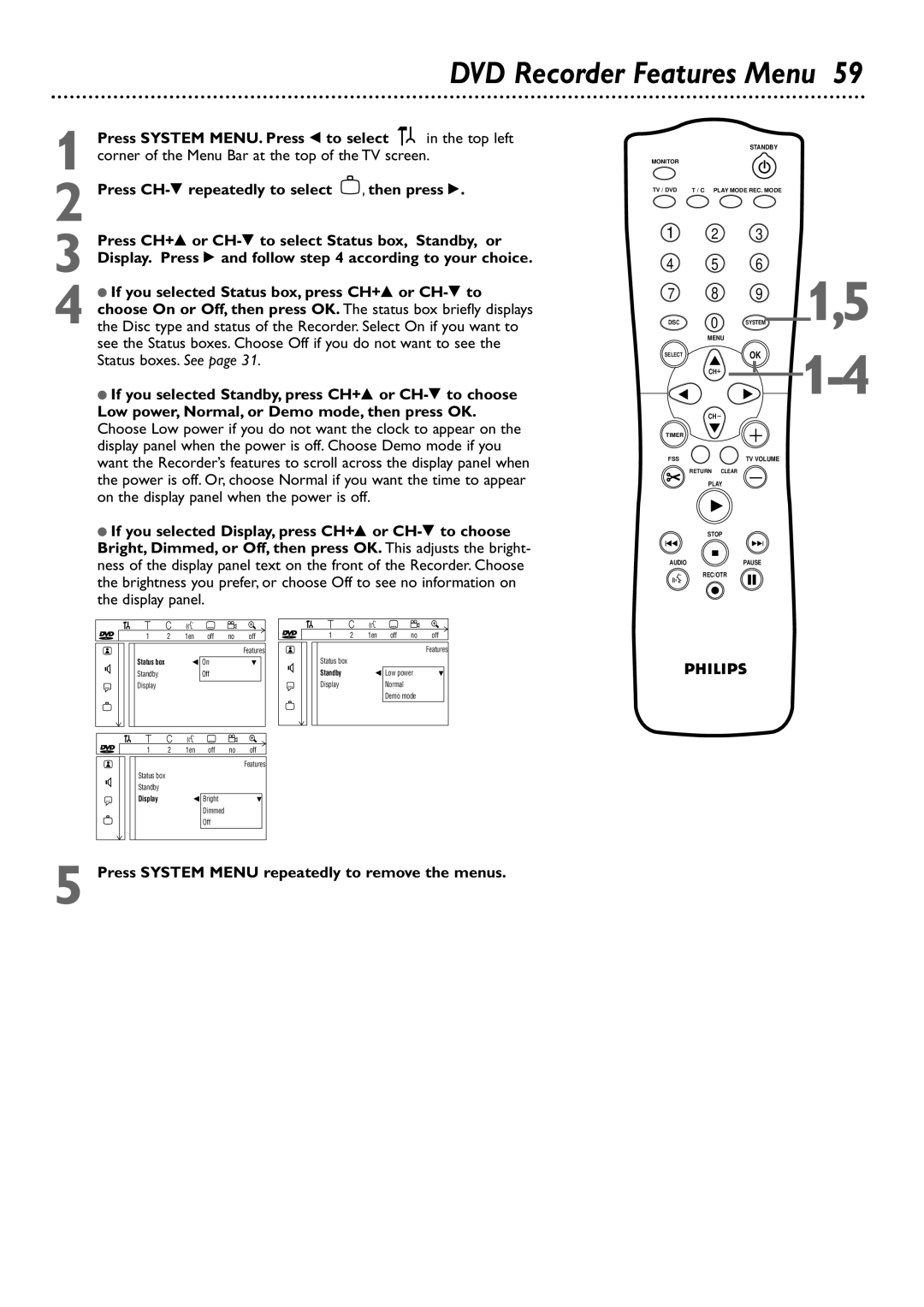 Philips DVDR72 owner manual DVD Recorder Features Menu 