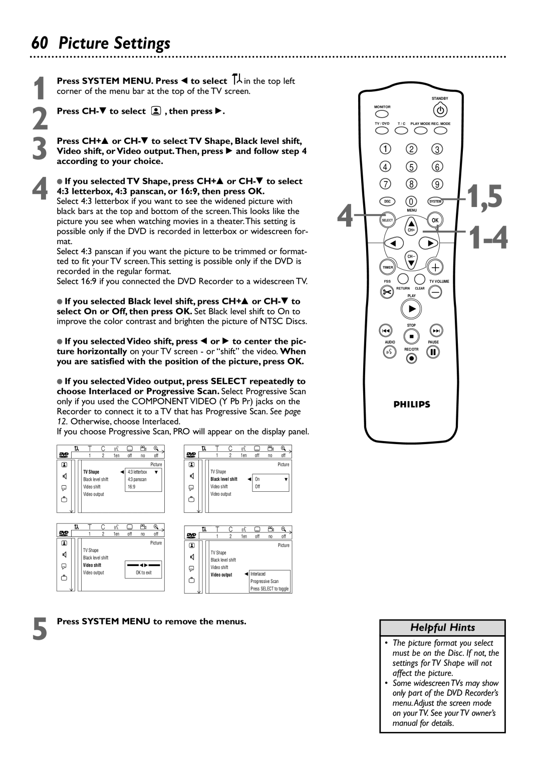 Philips DVDR72 owner manual Picture Settings, Recorded in the regular format 