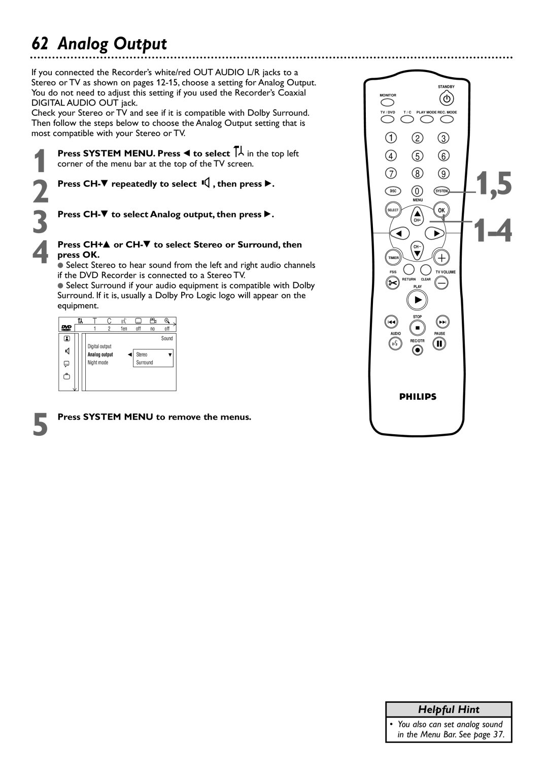 Philips DVDR72 owner manual Analog Output 