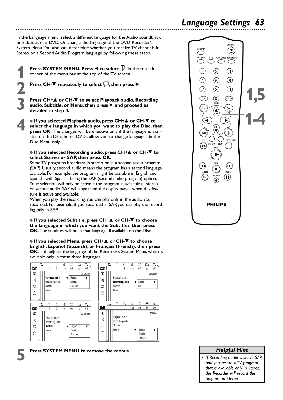 Philips DVDR72 owner manual Language Settings, Sap 