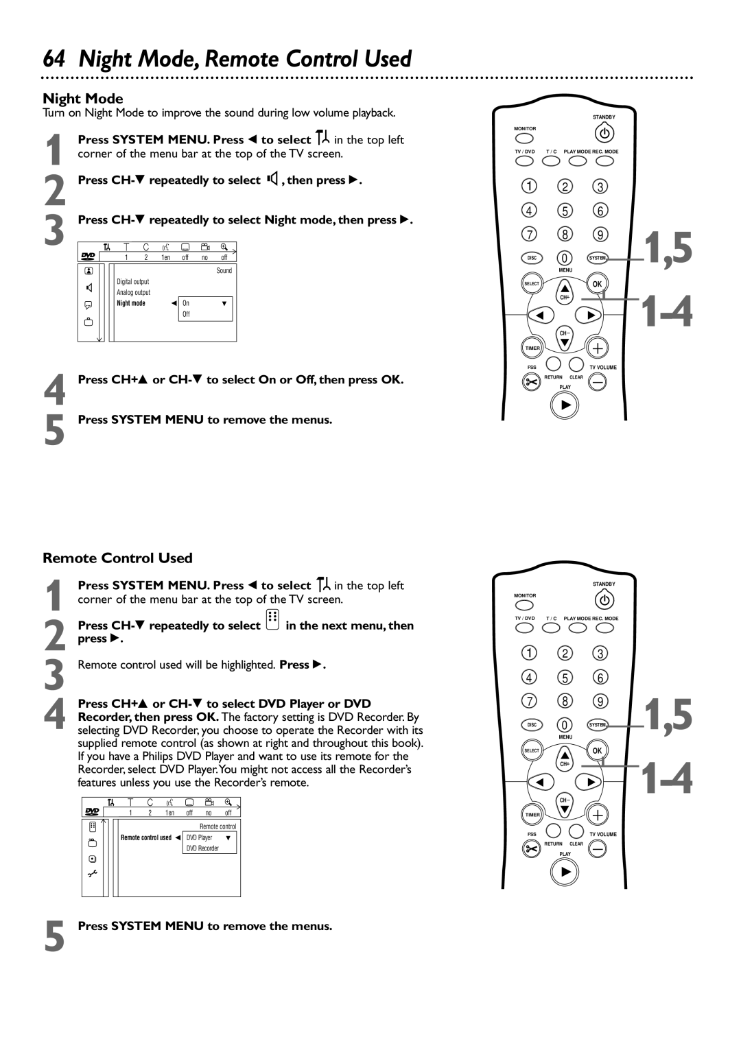 Philips DVDR72 owner manual Night Mode, Remote Control Used 