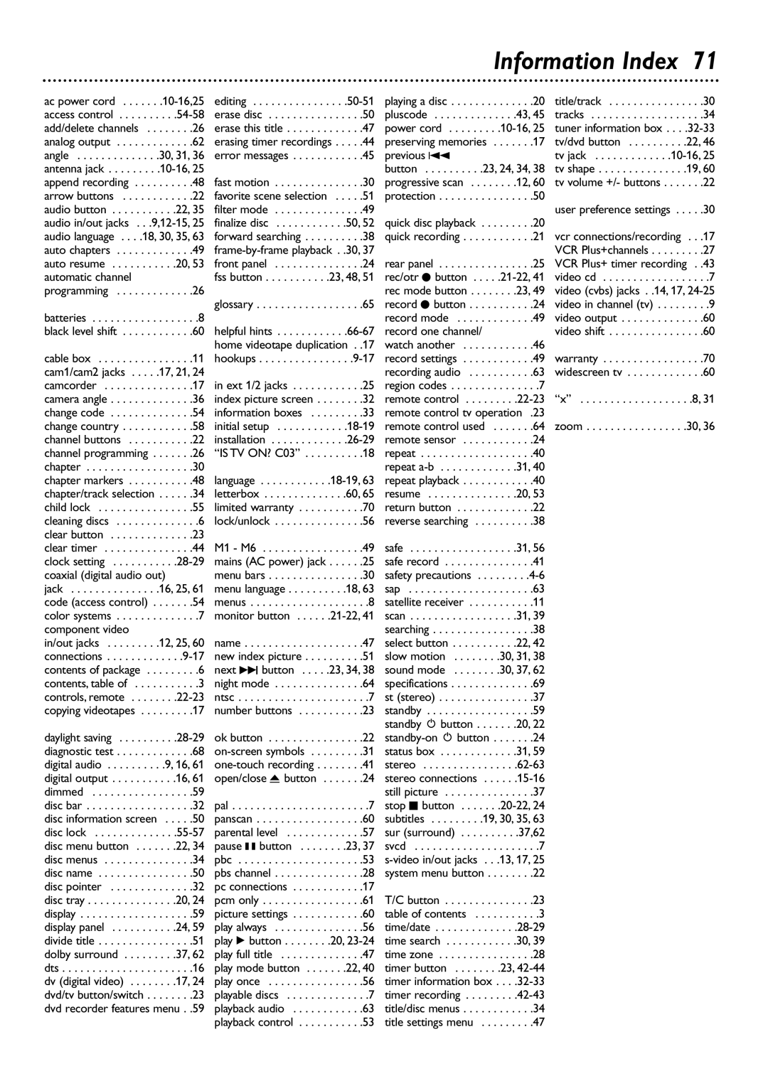 Philips DVDR72 owner manual Information Index 