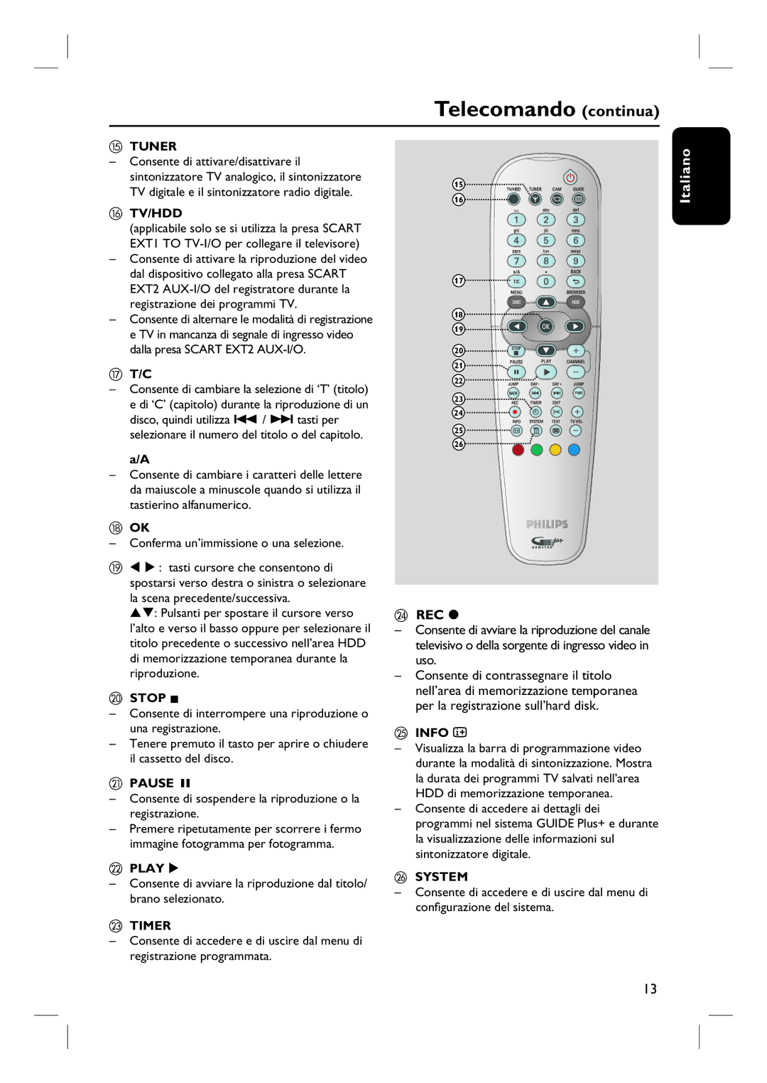 Philips DVDR7250H manual do utilizador Telecomando continua 