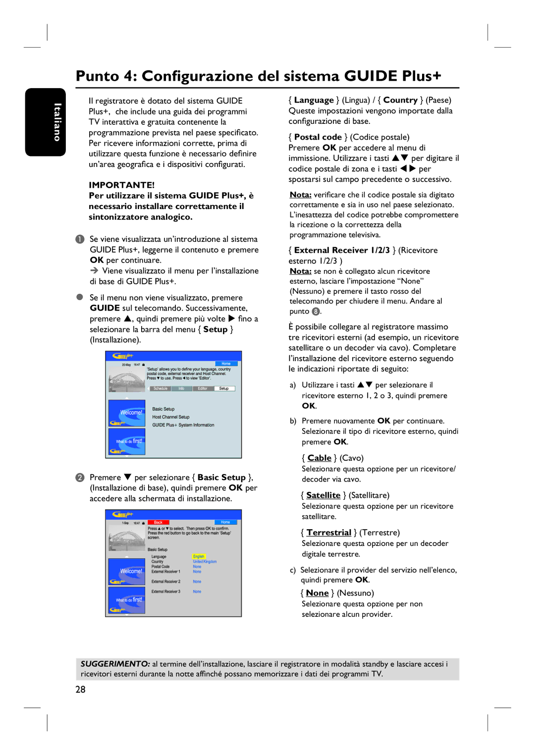 Philips DVDR7250H Punto 4 Configurazione del sistema Guide Plus+, External Receiver 1/2/3 Ricevitore esterno 1/2/3 