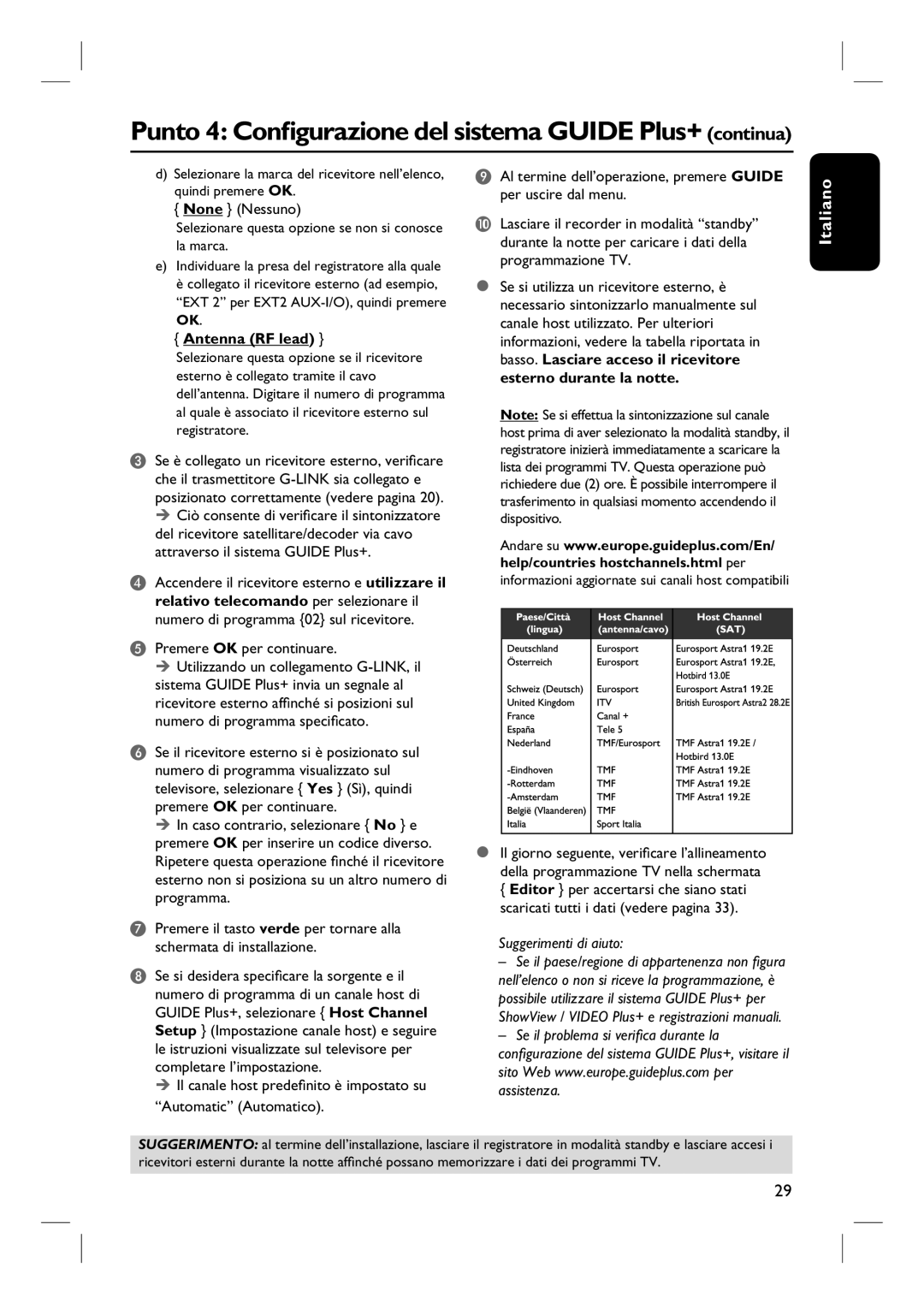 Philips DVDR7250H Punto 4 Configurazione del sistema Guide Plus+ continua, Antenna RF lead, Premere OK per continuare 