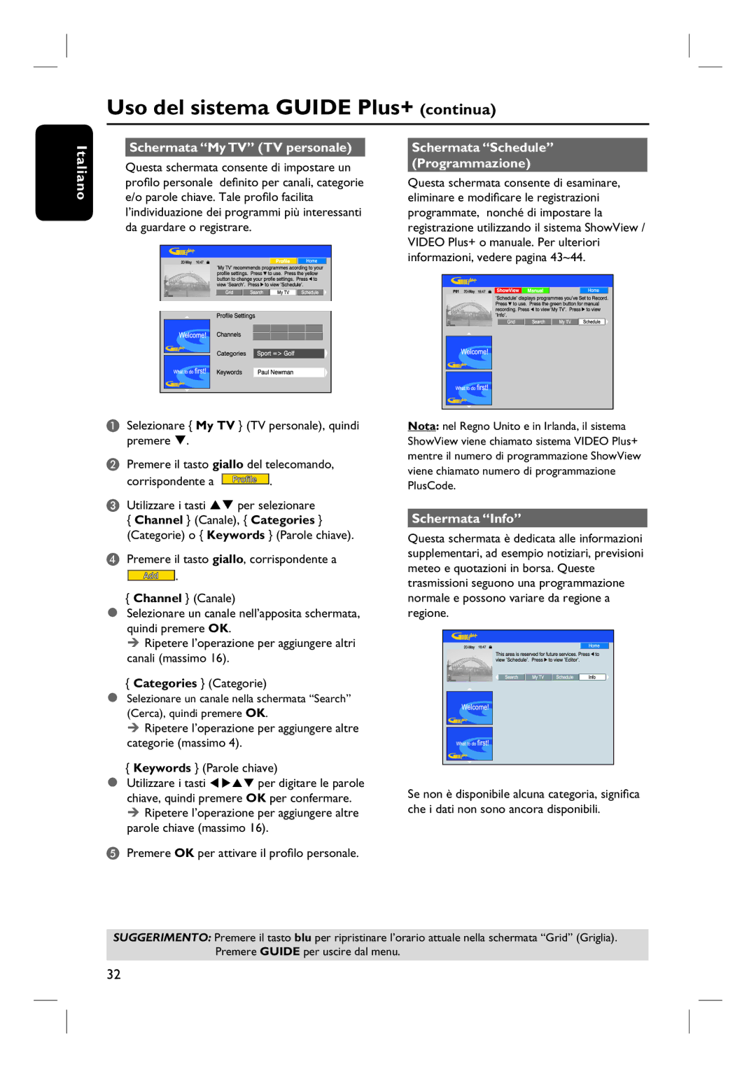 Philips DVDR7250H manual do utilizador Schermata My TV TV personale, Schermata Schedule Programmazione, Schermata Info 