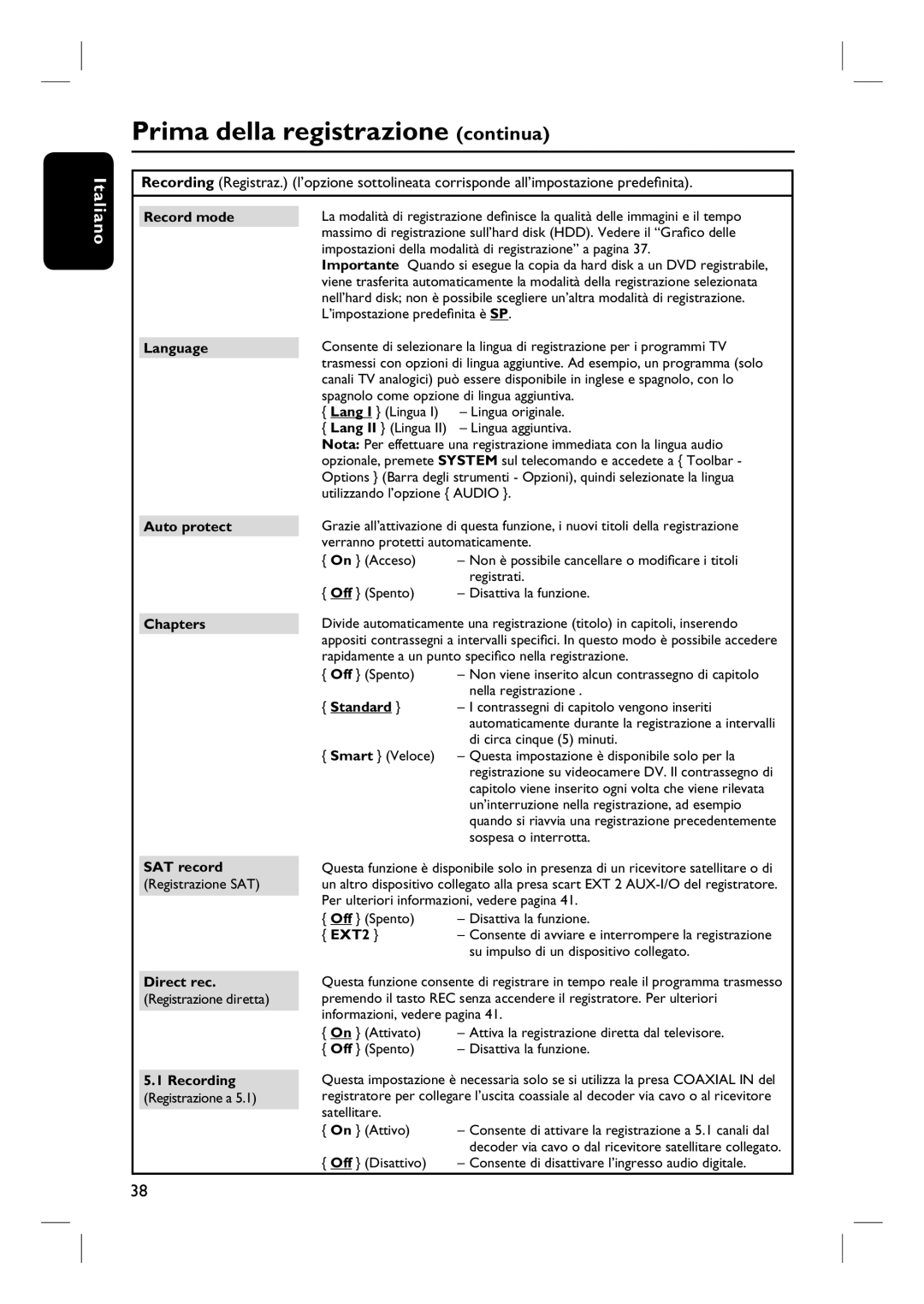 Philips DVDR7250H manual do utilizador Record mode Language Auto protect Chapters SAT record, Direct rec, Standard, EXT2 