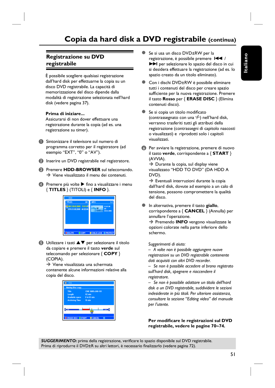 Philips DVDR7250H manual do utilizador Copia da hard disk a DVD registrabile continua, Registrazione su DVD registrabile 