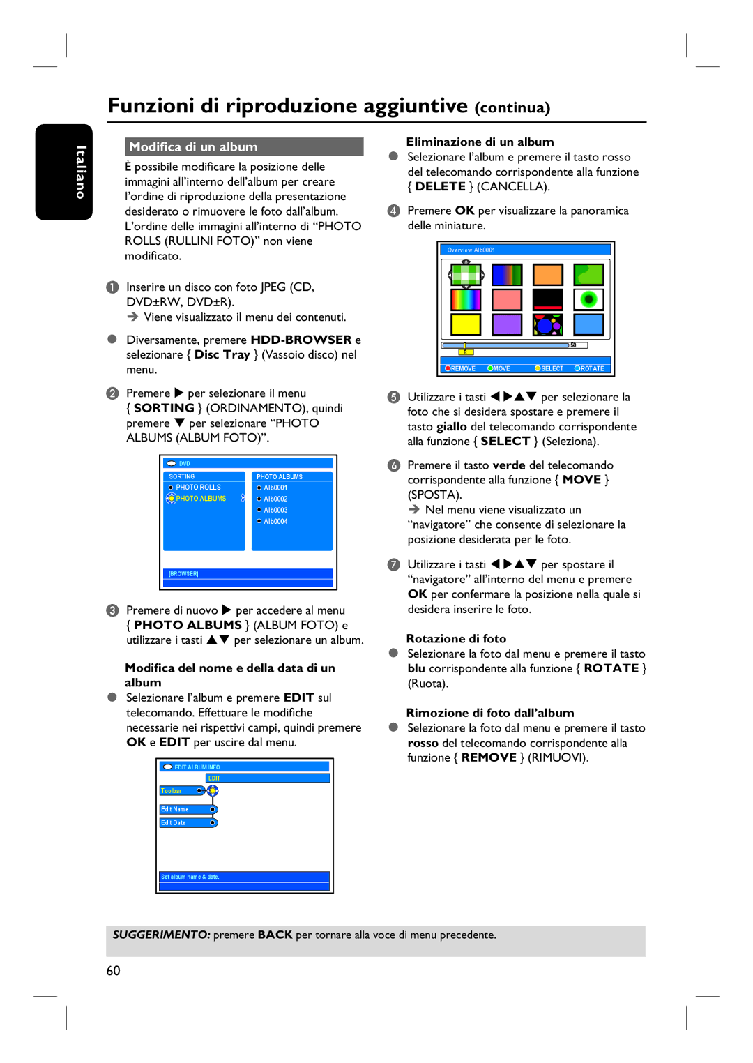 Philips DVDR7250H manual do utilizador Funzioni di riproduzione aggiuntive continua, Modifica di un album 