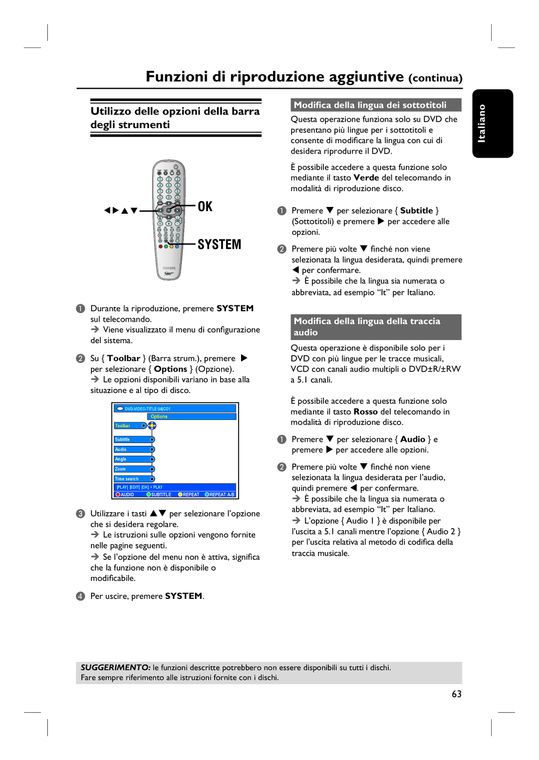 Philips DVDR7250H Utilizzo delle opzioni della barra degli strumenti, Modifica della lingua dei sottotitoli 