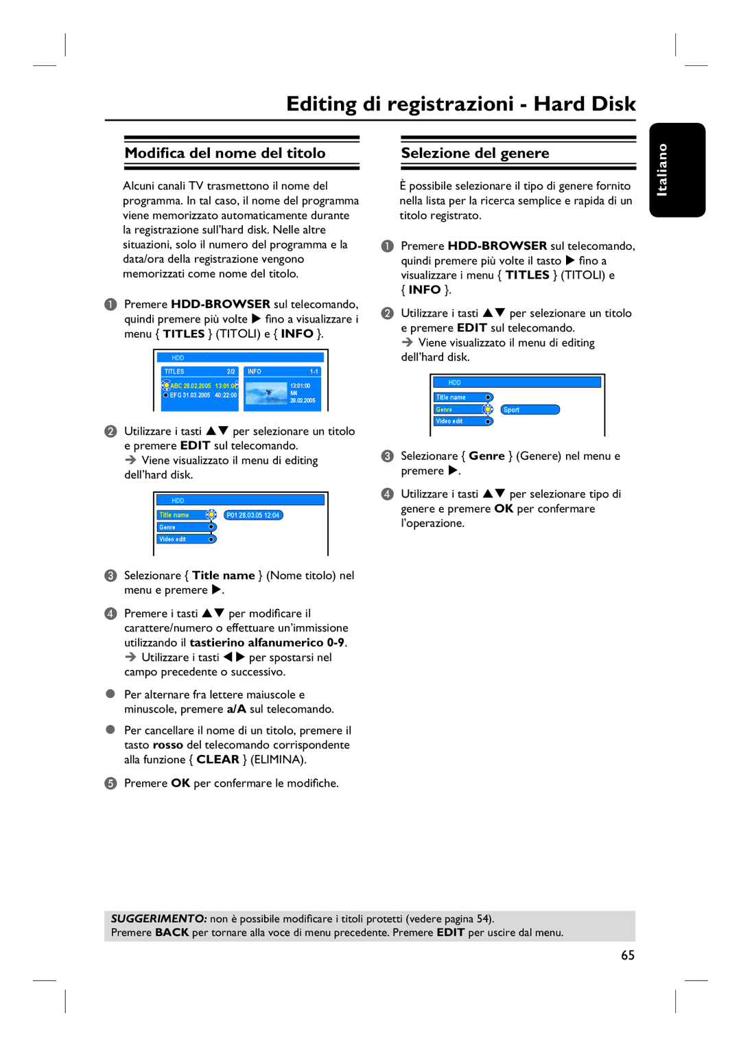 Philips DVDR7250H Editing di registrazioni Hard Disk, Modifica del nome del titolo Selezione del genere 
