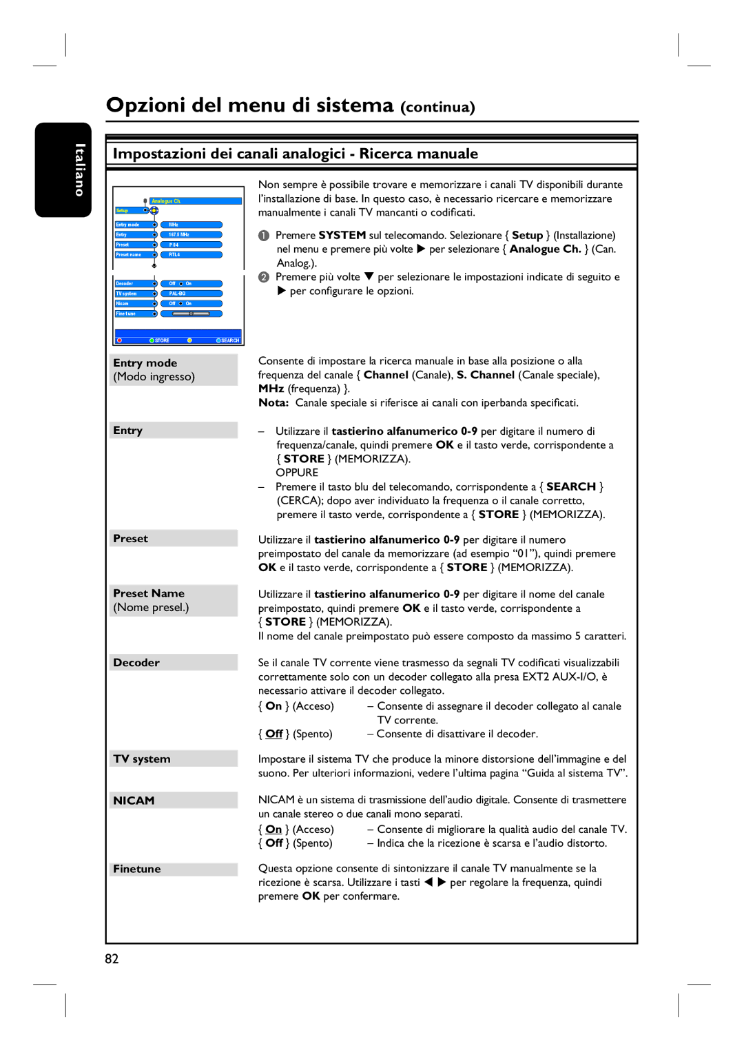 Philips DVDR7250H manual do utilizador Impostazioni dei canali analogici Ricerca manuale, Modo ingresso, Nome presel 