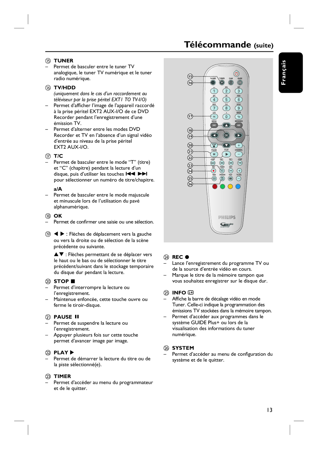 Philips DVDR7260H manuel dutilisation Télécommande suite 