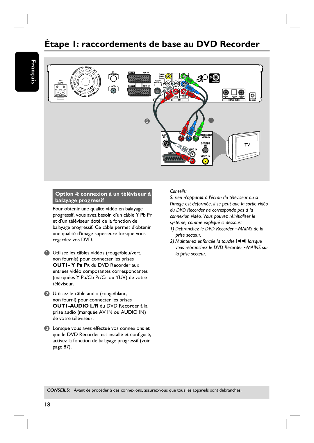 Philips DVDR7260H manuel dutilisation Option 4 connexion à un téléviseur à balayage progressif 