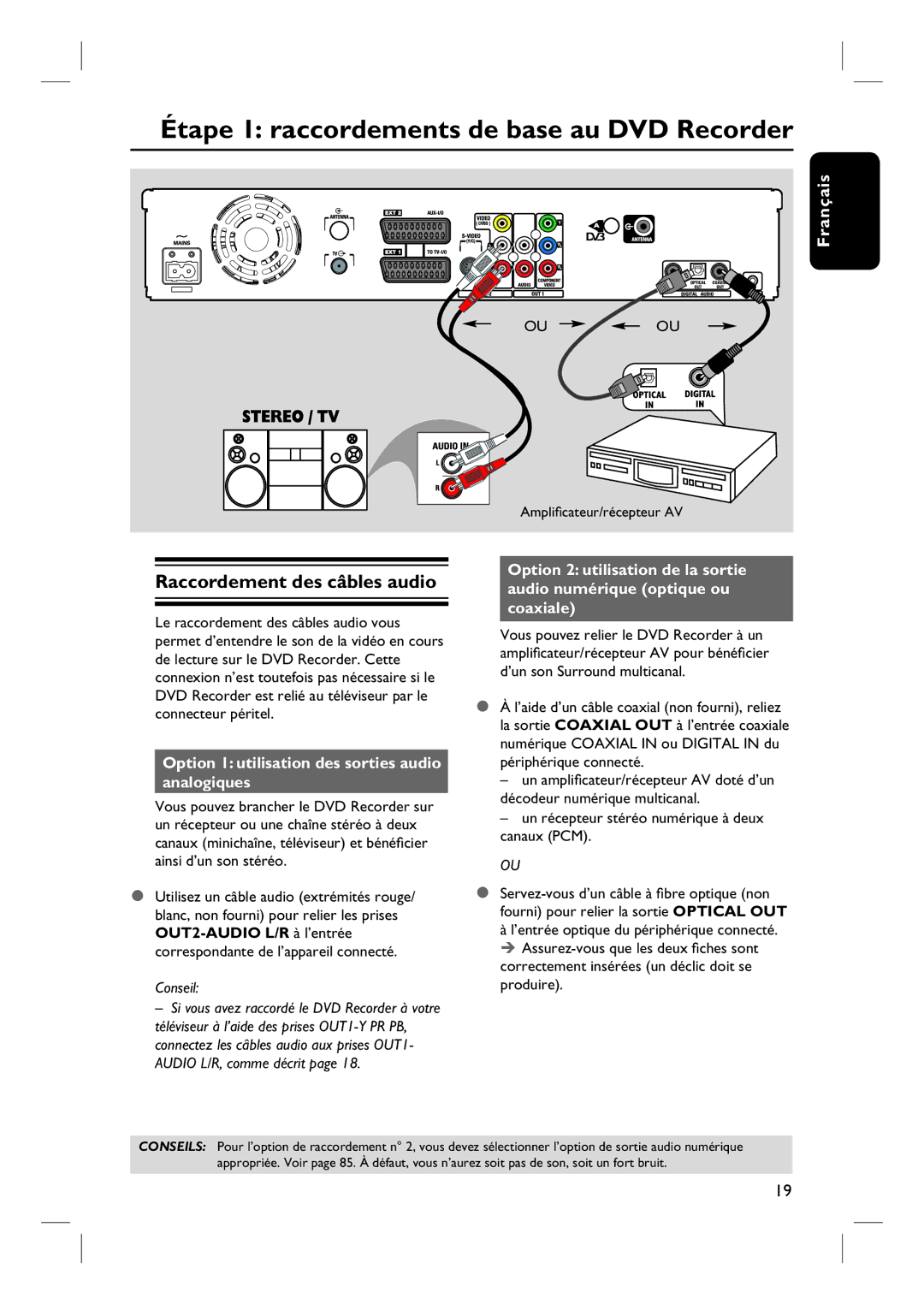 Philips DVDR7260H Raccordement des câbles audio, Ou Ou, Option 1 utilisation des sorties audio analogiques 