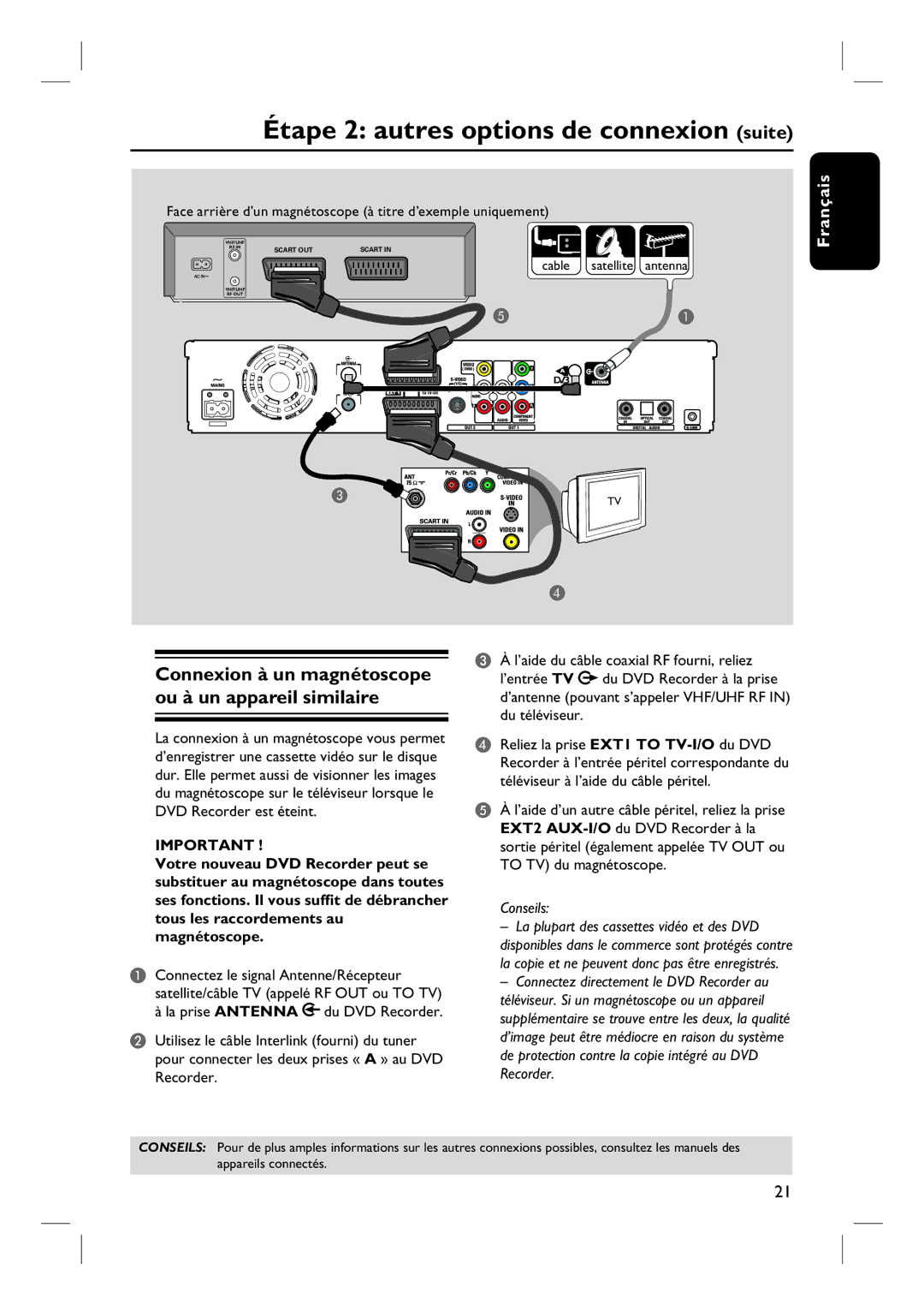 Philips DVDR7260H Étape 2 autres options de connexion suite, Face arrière d’un magnétoscope à titre d’exemple uniquement 