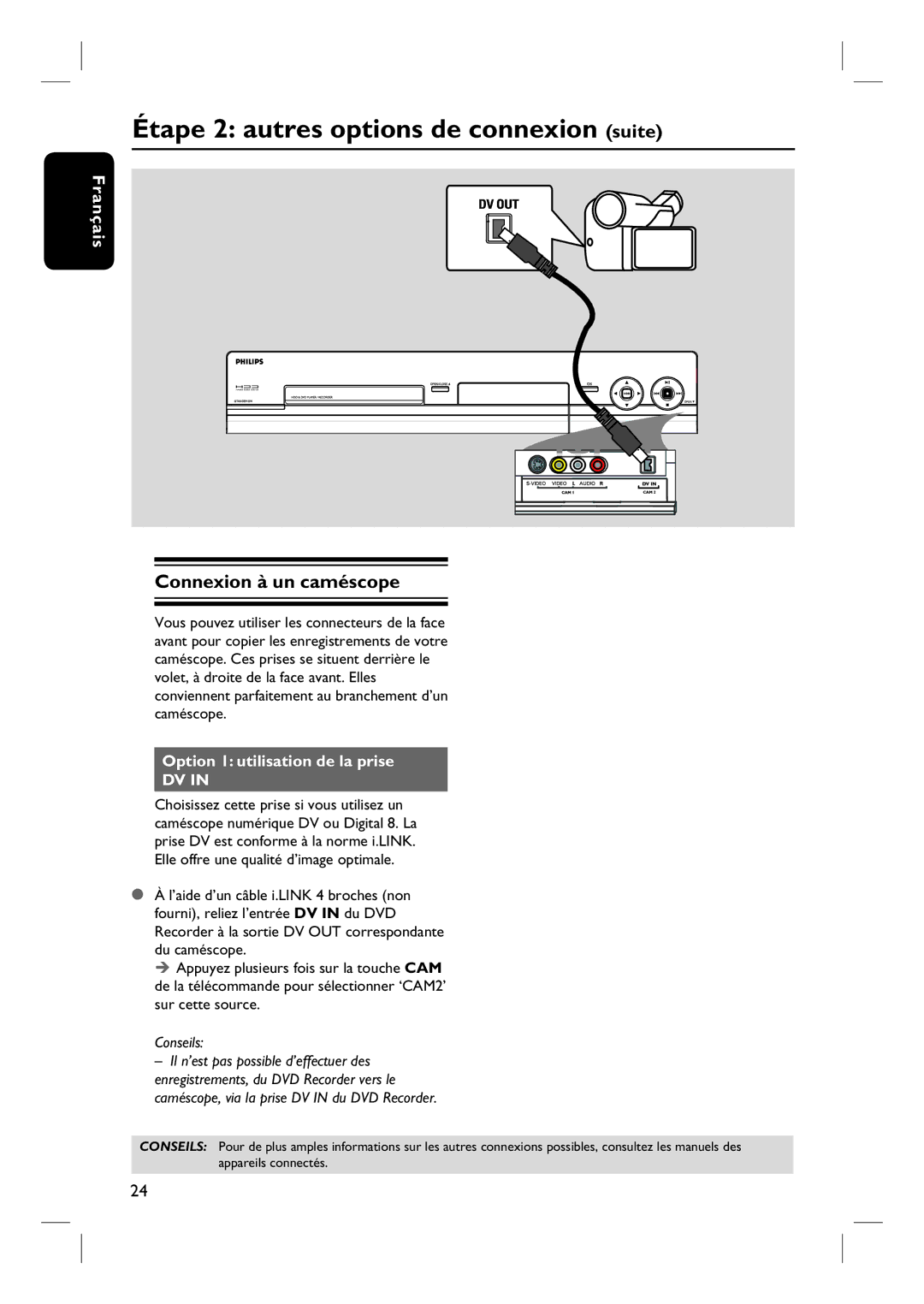 Philips DVDR7260H manuel dutilisation Connexion à un caméscope, Option 1 utilisation de la prise 