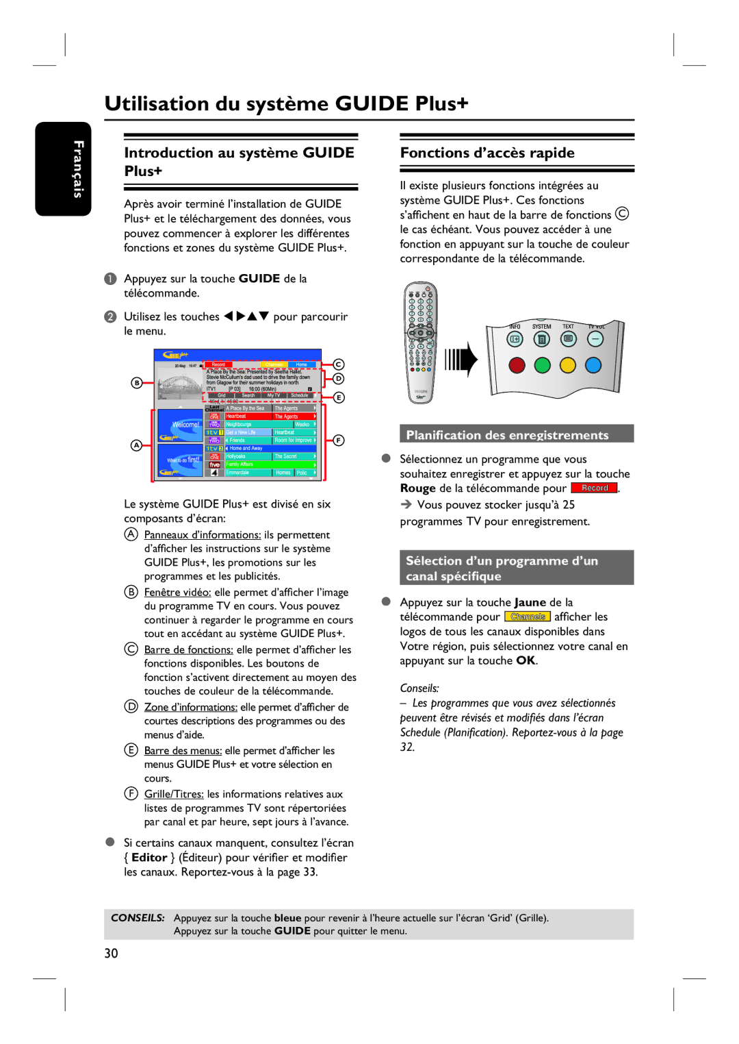 Philips DVDR7260H Utilisation du système Guide Plus+, Introduction au système Guide Plus+, Fonctions d’accès rapide 