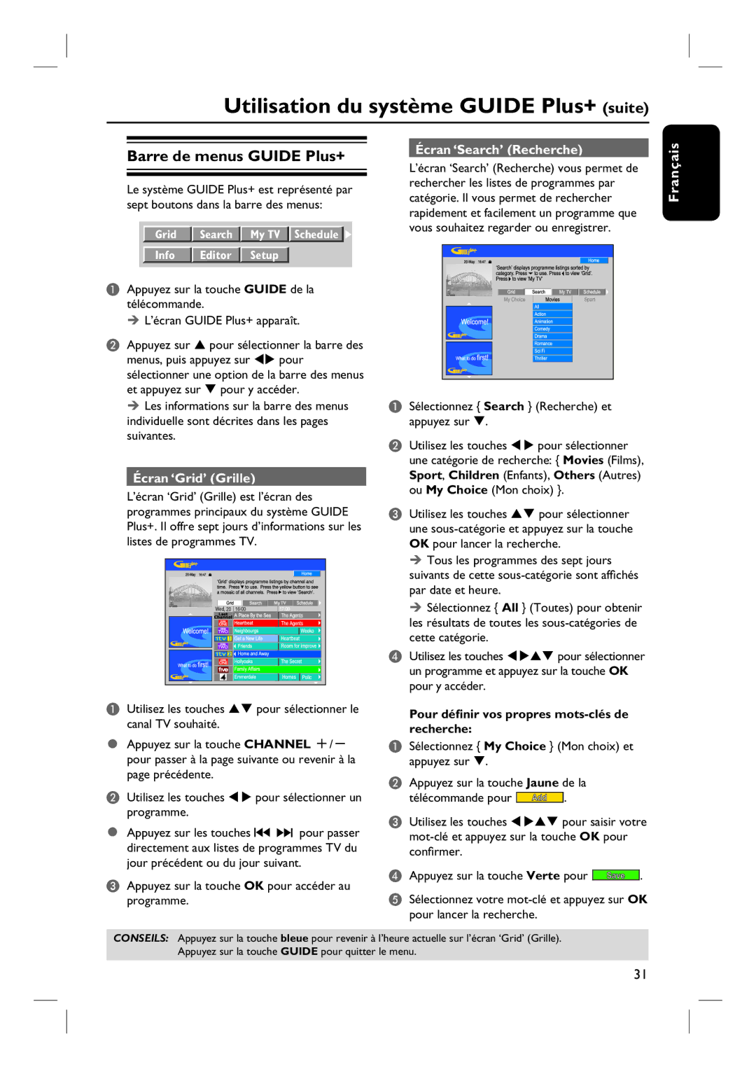 Philips DVDR7260H Utilisation du système Guide Plus+ suite, Barre de menus Guide Plus+, Écran ‘Grid’ Grille 