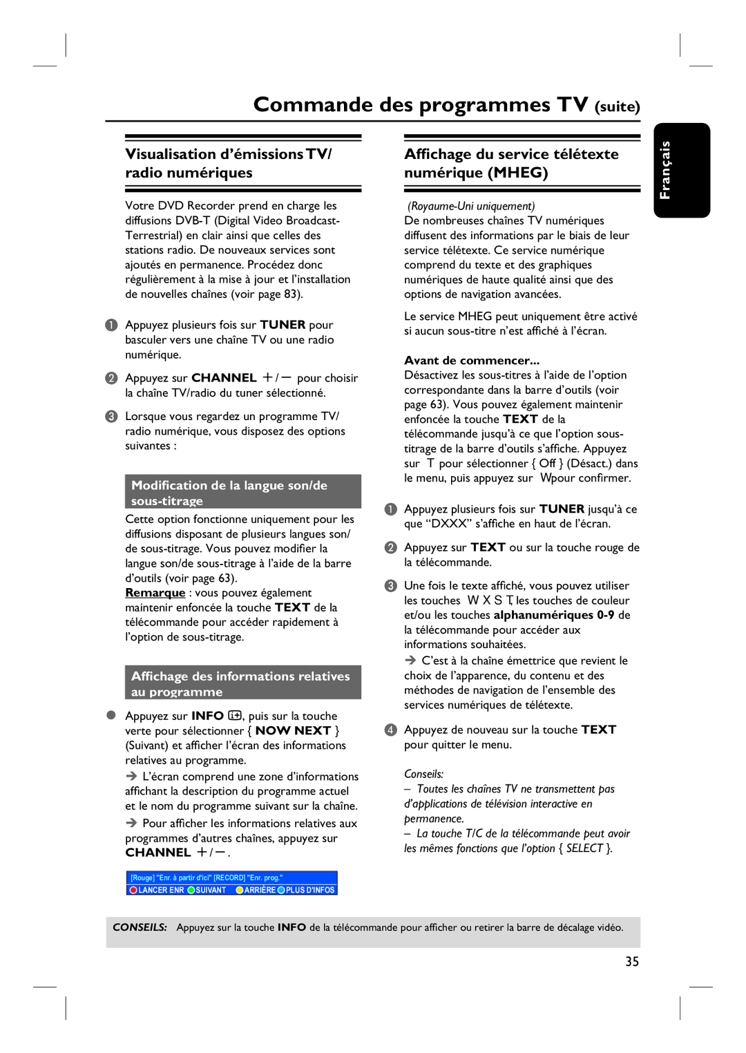 Philips DVDR7260H manuel dutilisation Commande des programmes TV suite, Visualisation d’émissions TV/ radio numériques 