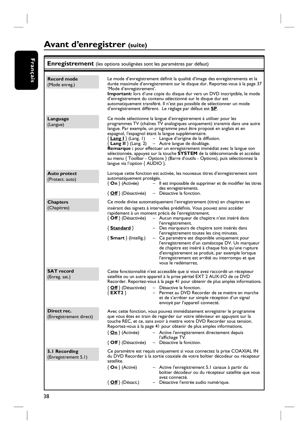 Philips DVDR7260H manuel dutilisation Record mode, Language, Auto protect, Chapters, SAT record, Direct rec, Standard, EXT2 