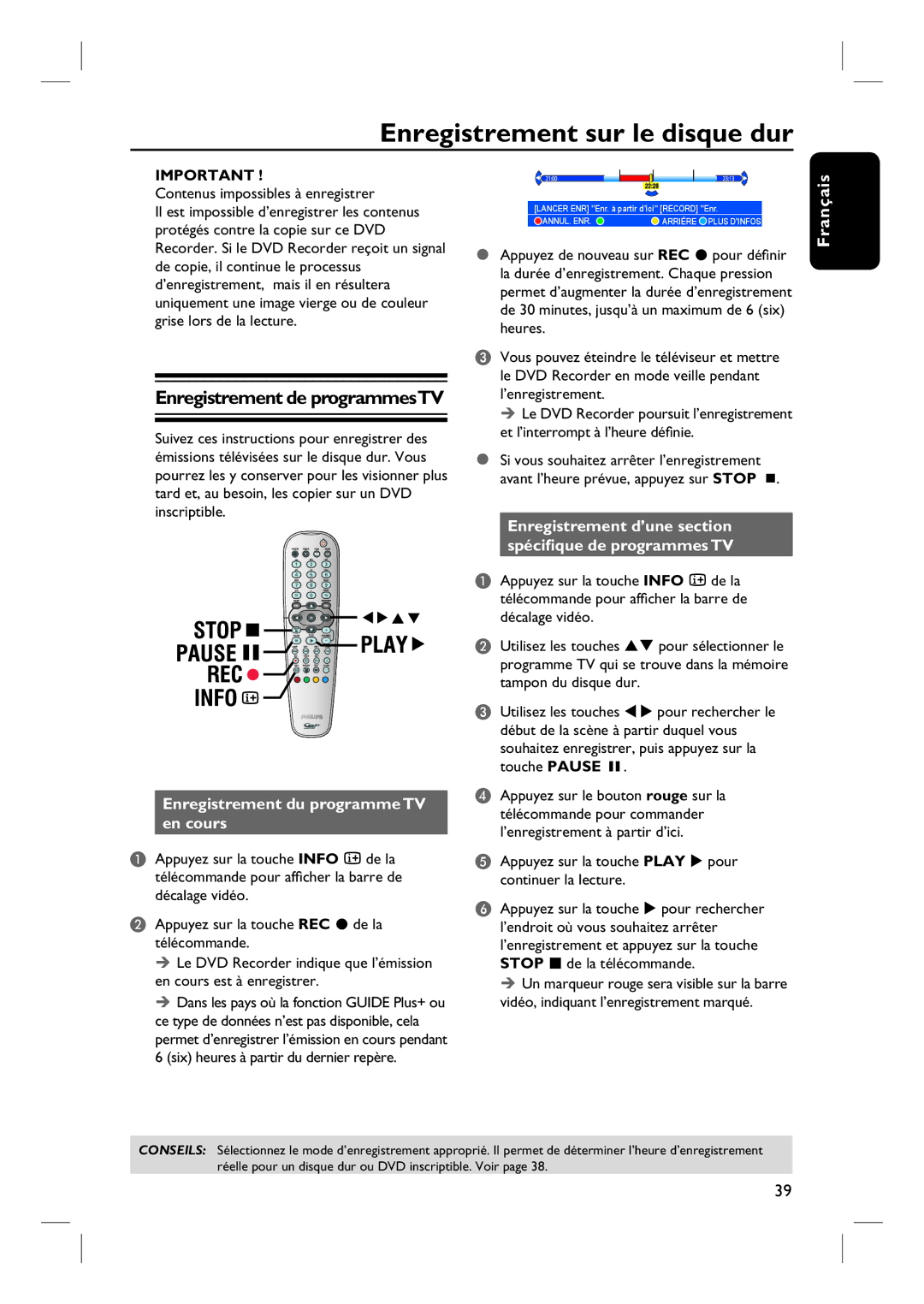 Philips DVDR7260H manuel dutilisation Enregistrement sur le disque dur, Enregistrement de programmesTV 