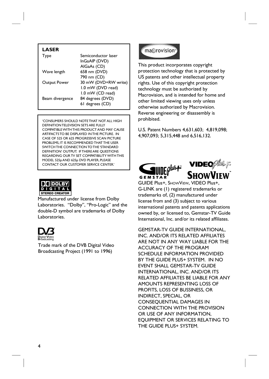 Philips DVDR7260H manuel dutilisation MW DVD read, MW CD read, Beam divergence Degrees DVD Degrees CD, MW DVD+RW write 