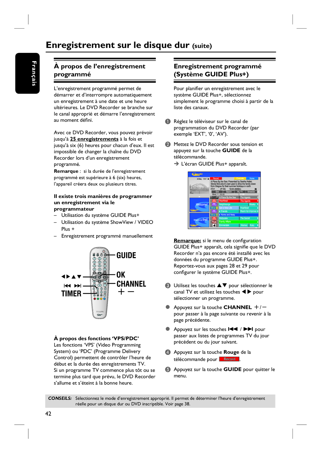 Philips DVDR7260H manuel dutilisation Propos de l’enregistrement programmé, Enregistrement programmé Système Guide Plus+ 