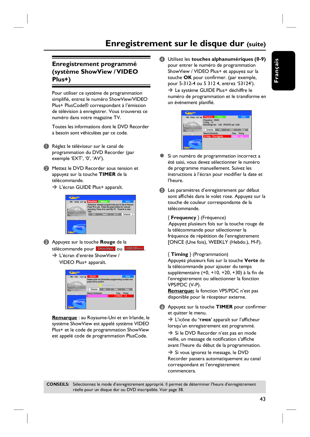 Philips DVDR7260H manuel dutilisation Enregistrement programmé système ShowView / Video Plus+, Video Plus+ apparaît 