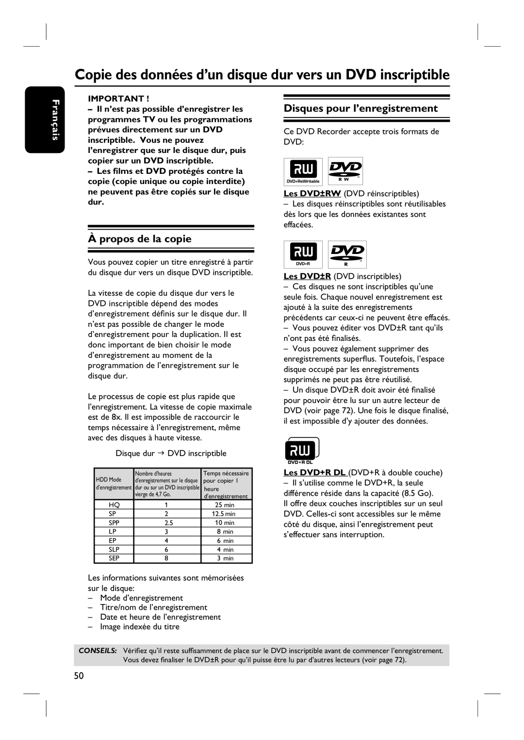 Philips DVDR7260H Disques pour l’enregistrement, Propos de la copie, Il n’est pas possible d’enregistrer les 