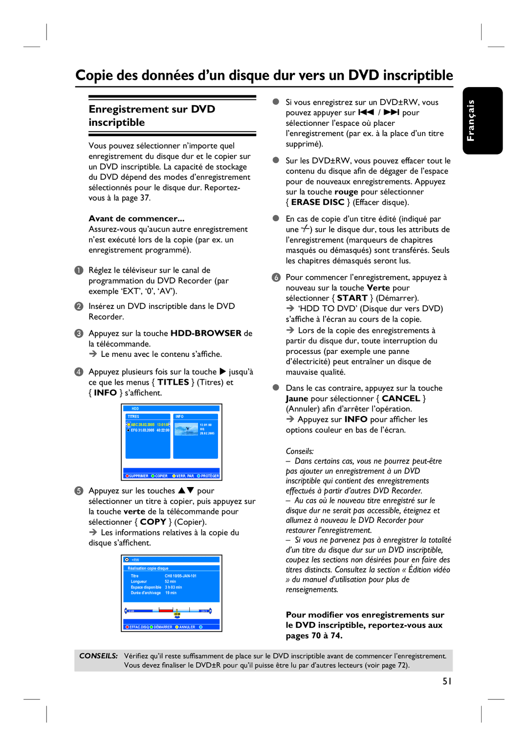 Philips DVDR7260H manuel dutilisation Enregistrement sur DVD inscriptible, Info s’affichent, Erase Disc Effacer disque 