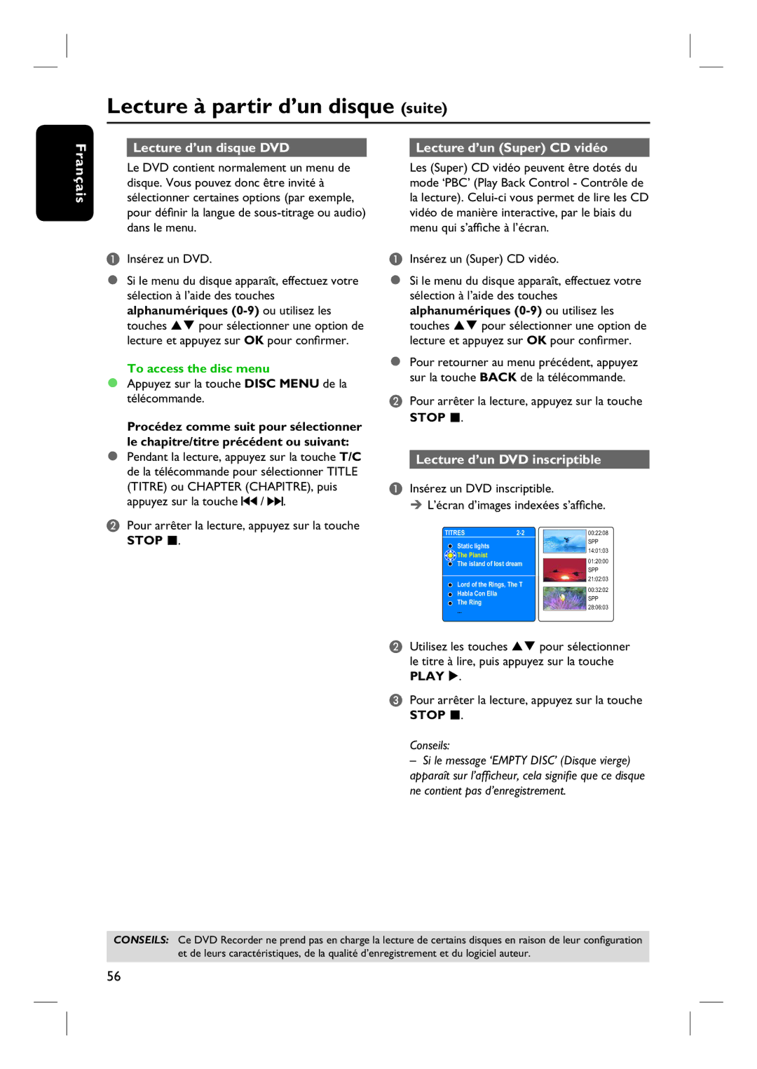 Philips DVDR7260H Lecture à partir d’un disque suite, Lecture d’un disque DVD Lecture d’un Super CD vidéo 
