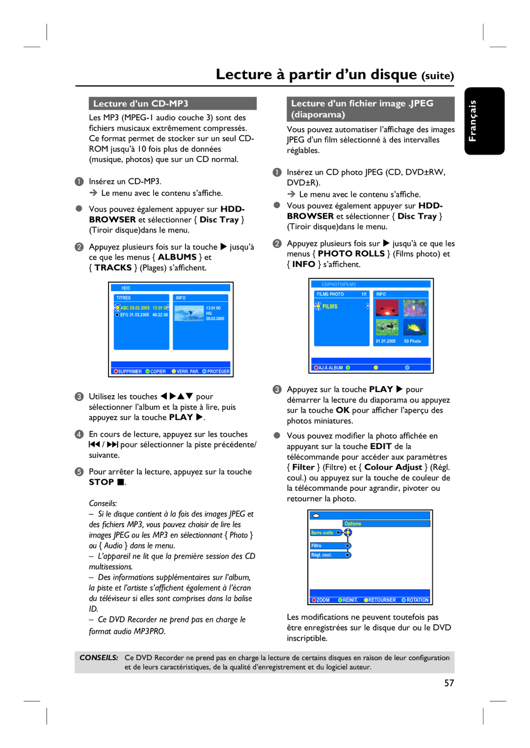 Philips DVDR7260H manuel dutilisation Lecture d’un CD-MP3, Lecture d’un fichier image .JPEG diaporama 